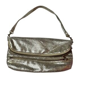 Express Design Studio Metallic Gold Crackle Leather Foldover Clutch Bag